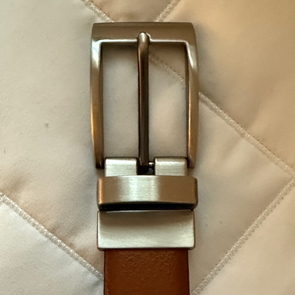 Boys Brown and Black Leather Belt with Brushed Nickel Buckle